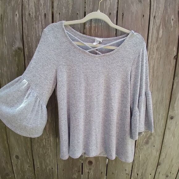 Caution To The Wind size L gray rayon knit top flounce sleeve - Picture 10 of 12
